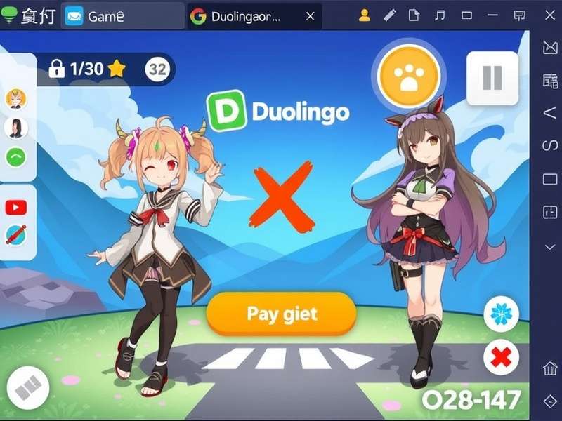 Duolingo owl mascot alongside Paimon from Genshin Impact, celebrating their collaboration event