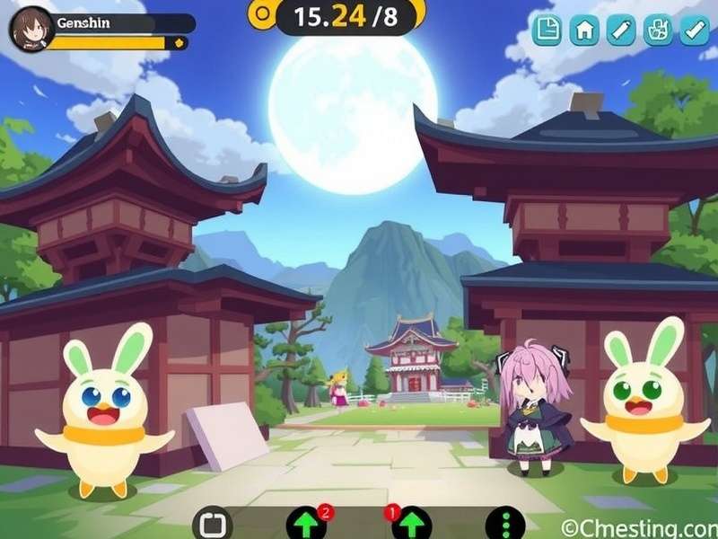 Duolingo Genshin Impact fusion concept art showing Paimon teaching languages with Teyvat landscape