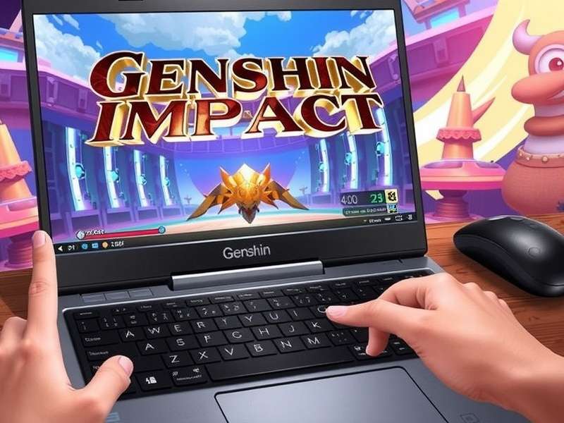 Genshin Impact gameplay on a laptop with vibrant fantasy world scenery