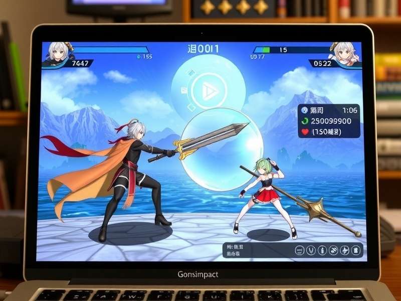 Genshin Impact running on a MacBook laptop with vibrant Teyvat scenery